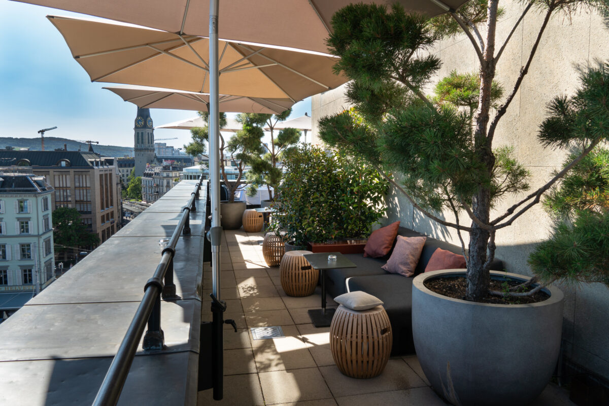 Sonnige Rooftop-Terrasse mit Leinenschirmen und Olivenbäumen